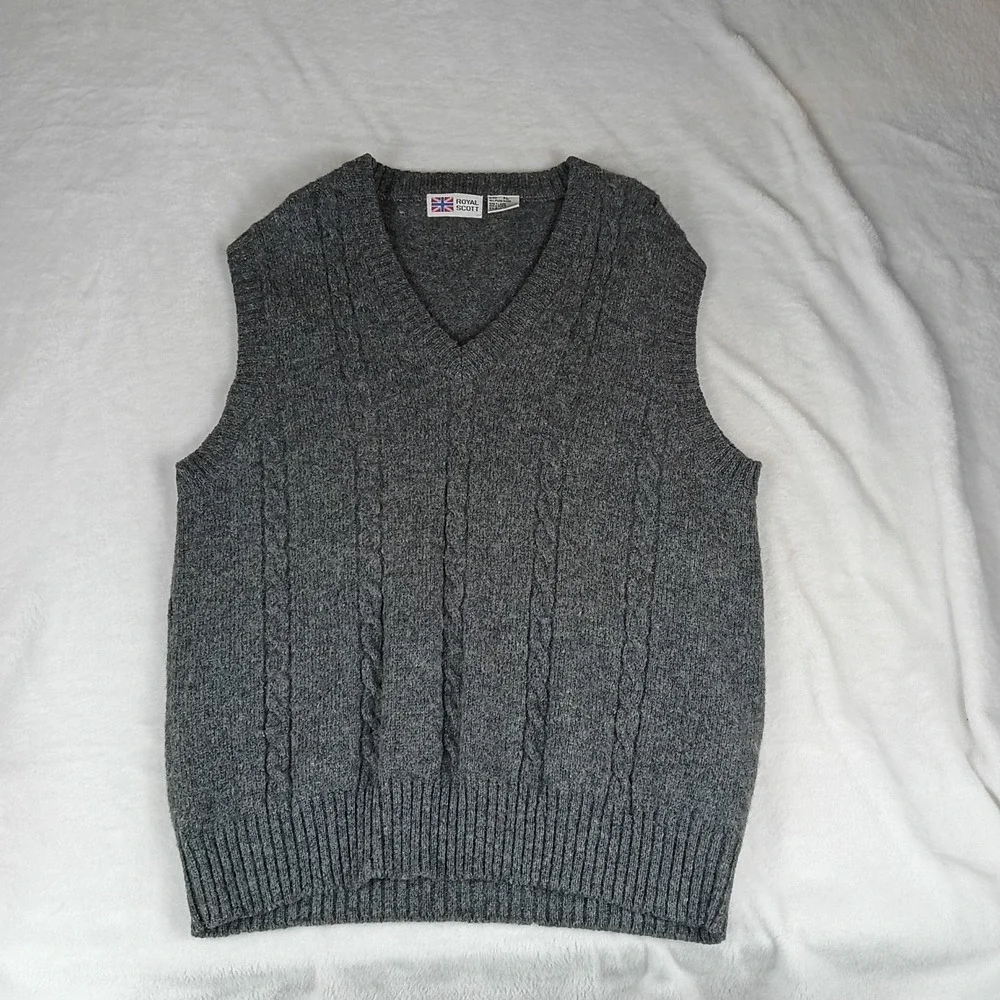 Royal Scott Sweater Vest Mens XL Gray Cable Knit Wool Sleeveless V Neck Pullover